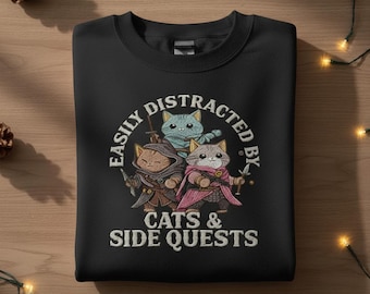 Embroidered Cats Side Quest Sweatshirt, Funny Distracted Tabletop Gaming Shirt, Cute Cat Gamer Tee for Men Women Kids and Dads