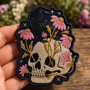 Crow Skull Skeleton Embroidered Patch, Gothic Bird Iron On Applique, Dark Academia Raven Badge, Punk Jacket Backpack Accessory, Gothic Gift