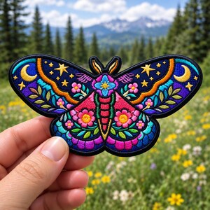 Celestial Floral Moth Embroidered Iron On Patch, Colorful Moon Star Applique, Denim Jacket Back Patch, Boho Festival Nature Gift Idea