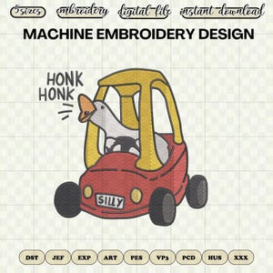 May include: Machine embroidery design of a white goose driving a red toy car with yellow accents. The car has a license plate that says "SILLY". The goose is honking and the text "HONK HONK" is above the goose.