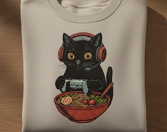 Embroidered Kawaii Gamer Cat Meme Sweatshirt, Cute Ramen Japanese Retro Cat Gaming Shirt, Funny Anime Gamer Pullover Gift