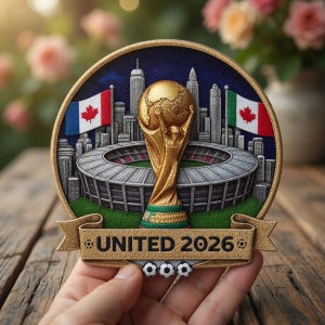 May include: A circular patch featuring a gold trophy, a stadium, and city skyline under a dark blue sky. The patch includes the text "UNITED 2026" and two flags with a maple leaf design. Three small soccer balls are at the bottom.