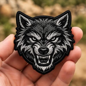 Wolf Head Embroidered Iron On Patch, Black White Animal Applique, Fierce Jacket Badge, Backpack Patch, Wildlife Lover Gift for Men