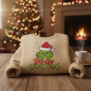 Embroidered Grinchmas Christmas Shirt Funny Holiday T-Shirt for Family Matching Xmas Shirt Cute Grinch Embroidery Tee Festive Group Outfit