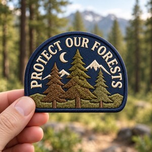 Può includere: Una toppa ricamata semicircolare con sfondo blu scuro che raffigura tre pini in tonalità di verde e marrone, cime montuose bianche e una luna crescente. Il testo "PROTECT OUR FORESTS" è ricamato con filo color crema.
