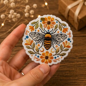 May include: A circular embroidered patch featuring a central bee with black and yellow stripes and detailed wings. The design includes orange flowers, green leaves, small blue dots, and two crescent moons on a white background with a scalloped edge.