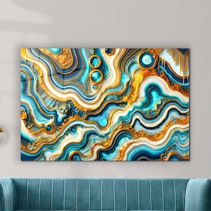 Abstract Glass Wall Art, Blue & Gold Abstract Tempered Glass Wall Decor, Modern Home Wall Art Decor, Abstract Wall Hanging, Marble Wall Art