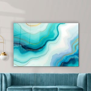 Abstract Glass Wall Art, Blue & White Abstract Tempered Glass Wall Decor, Blue Marble Abstract Wall Art, Wall Hangings, Abstract Wall Decor