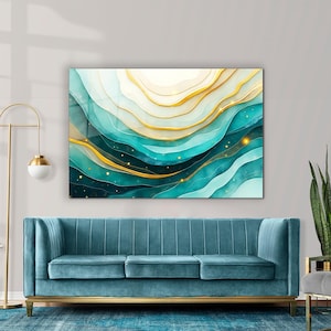 Tempered Glass Abstract Wall Art – Teal Gold Waves, Modern Home Decor