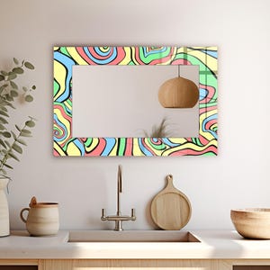 Artistic Mirror Wall Art, Large Tempered Glass Mirror for Living Room, Trippy Abstract Mirror Decor, Colorful Bathroom Wall Hanging Mirror.