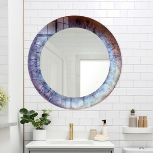 Eye Abstract Tempered Glass Wall Mirror Decor, Round Blue Bathroom Mirror Wall Art, Elegant LivingRoom Wall Piece, Modern Glass Wall Hanging
