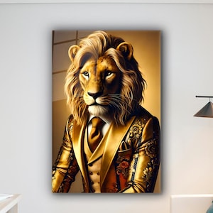 Elegant Lion Glass Wall Art, Golden Lion Tempered Glass Wall Hanging, Wall Decor Bedroom, Lion Portrait Glass Wall Decor, Home Art Decor