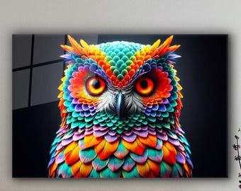 Owl Glass Wall Art, Abstract Owl Wall Decor, Colorful Owl Tempered Glass Art, Modern Bird Wall Art