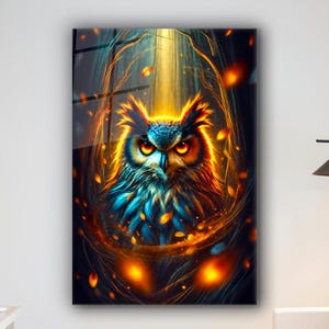 Fire Owl Tempered Glass Wall Art: Abstract Owl Painting