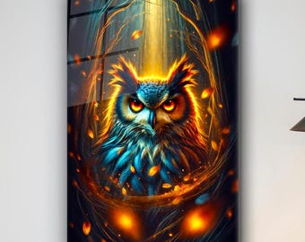 Fire Owl Tempered Glass Wall Art, Fantasy Owl Wall Decor, Bird Glass Wall Art, Modern Living Room Decor