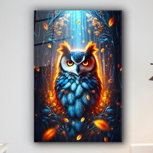 Blue Owl Tempered Glass Wall Art: Elegant Home Decor