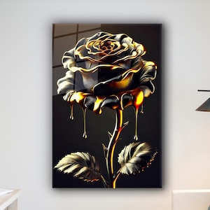 Black & Gold Rose Tempered Glass Wall Art: Floral Wall Decor