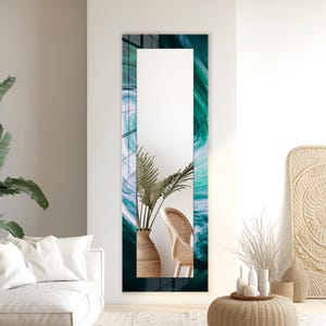 Modern Round Mirror Wall Art for Living Room, Bathroom Tempered Glass Mirror, Elegant Mirror Wall Decor, Blue Abstract Mirror Wall Hanging