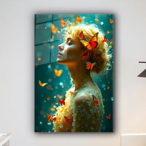 Woman Glass Wall Art, Woman Portrait Tempered Glass Wall Decor, Butterfly Blonde Woman Glass Wall Decor, Glass Wall Hanging, Woman Wall Art