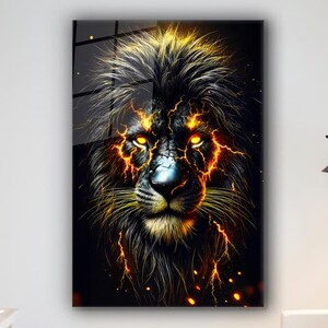 Lion Glass Wall Art, Fire Lion Tempered Glass Wall Decor, Glass Wall Art Hanging, Black Lion Wall Decor, Large Glass Wall Art, Lion Wall Art