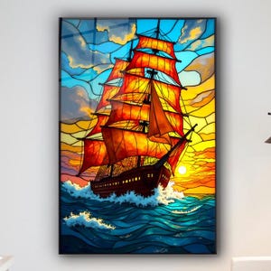 Sailing Boat Stained Glass Wall Art, Sailing Boat Tempered Glass Wall Decor, Sea Ship Wall Hanging, Ocean Glass Art Decor, Modern Wall Art
