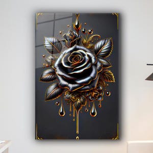 Black Rose Tempered Glass Wall Art: Golden Drops Flower Decor