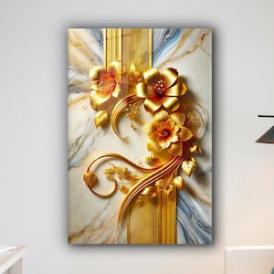 Floral Abstract Glass Wall Art, Gold Rose Tempered Glass Wall Decor, Luxury Floral Glass Wall Hanging, Unique Gold Flower Glass Decor