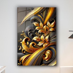 Floral Abstract Glass Wall Art, Black & Gold Floral Tempered Glass Wall Decor, Abstract Flower Glass Wall Hanging, Floral Abstract Wall Art