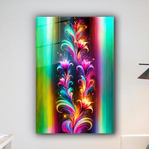 Floral Abstract Glass Wall Art, Extra Large Floral Tempered Glass Wall Decor, Vibrant Floral Glass Wall Hanging Art, Floral Wall Art Decor