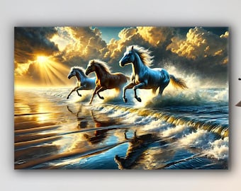 Horse Tempered Glass Wall Art, Running Horse Wall Decor, Coastal Animal Glass Wall Art, Large Living Room Decor