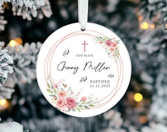 Adorno de bautizo personalizado para niña, adorno navideño personalizado para bautizo, regalo para niña bautizada, regalo de dedicación, recuerdo floral con rosa.