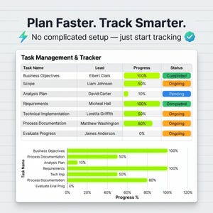 Op de afbeelding: Een digitale interface voor taakbeheer en -tracking met de tekst "Plan Faster. Track Smarter." De interface toont taaknamen, leads, voortgang en status, met voortgangsbalken en kleurgecodeerde statussen.