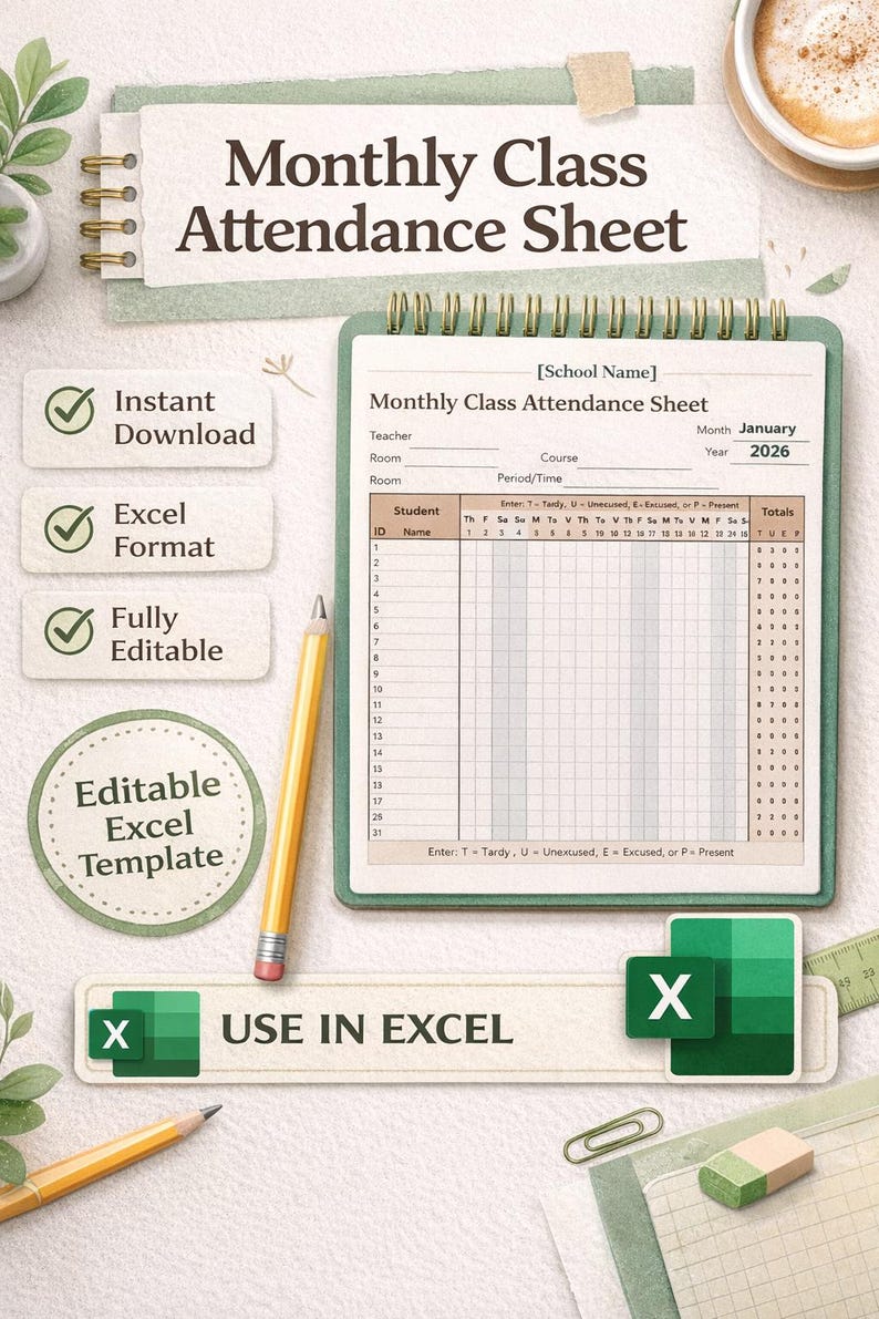 Monthly Class Attendance Sheet | Student Attendance Tracker | Excel ...