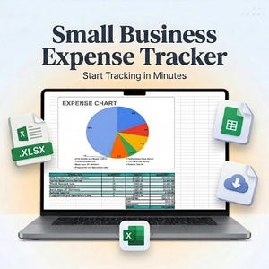May include: A laptop displays a business expense tracker with a pie chart and data table. The screen shows the text "Small Business Expense Tracker" and "Start Tracking in Minutes." Icons for Excel, Google Sheets, and cloud download are also present.
