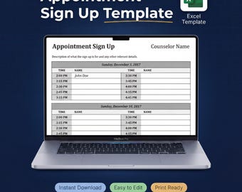 Terminplaner Vorlage | Sign Up Sheet zum Ausdrucken | Excel Google Sheets Planer | 15-Minuten-Slots | Bearbeitbarer digitaler Download