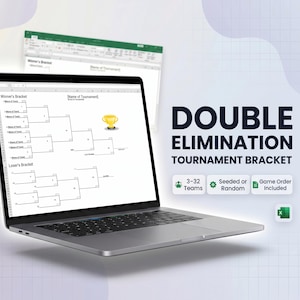 May include: A laptop displays a double elimination tournament bracket template. The screen shows a bracket with spaces for teams and a gold trophy icon. Text on the screen reads "Winner's Bracket" and "Loser's Bracket". The image also includes the text "DOUBLE ELIMINATION TOURNAMENT BRACKET".