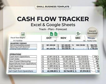 Tracking für kleine Unternehmen | Cash Flow Tabelle für Excel und Google Sheets