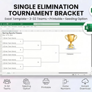 May include: An Excel template for a single-elimination tournament bracket, designed for 3-32 teams. Features include a seeding option and a printable format. The image shows a gold trophy and the text "Spring Sports Classic May 15-18, 2024".