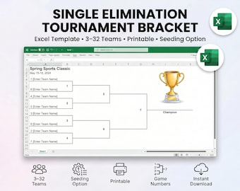 Single Elimination Tournament Klammer-Vorlage 3–32 Teams, Excel Google Sheets, Bearbeitbare Klammer-Download