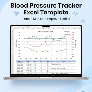 May include: A laptop screen displays a blood pressure tracker Excel template. The title reads "Blood Pressure Tracker Excel Template." The chart shows blood pressure readings over time, with data points and notes. The template is designed to track, monitor, and improve health.