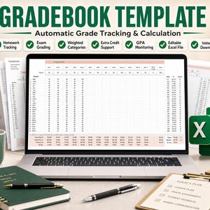 Peut inclure: Un modèle de carnet de notes numérique affiché sur un écran d'ordinateur portable, avec suivi et calcul automatique des notes. L'interface présente une feuille de calcul des devoirs avec des colonnes pour les scores et les notes finales, ainsi qu'une icône Excel.