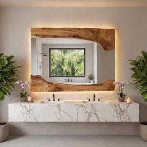 Specchio rustico in legno d'ulivo a LED / Specchio da parete in legno naturale fatto a mano con retroilluminazione / Specchio da toeletta per bagno in stile rustico