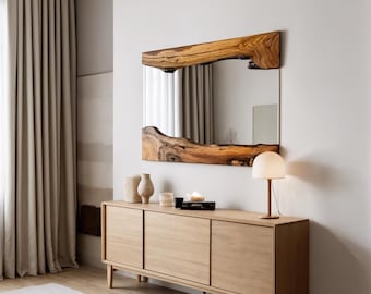 Espejo de borde natural hecho a mano - Espejo de borde natural con estilo - Espejo asimétrico con marco de madera natural - Espejo hecho a mano, espejo de madera de borde natural