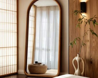 Espejo de cuerpo entero de nogal hecho a mano, espejo de suelo asimétrico de madera, espejo de pared moderno para dormitorio, entrada y sala de estar.