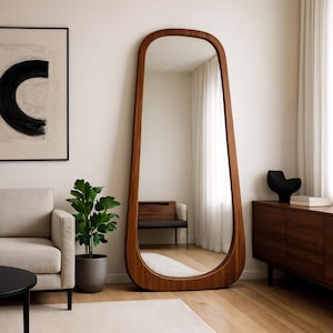 Walnut Full Length Mirror: Asymmetrical Wood Frame, Modern Elegance