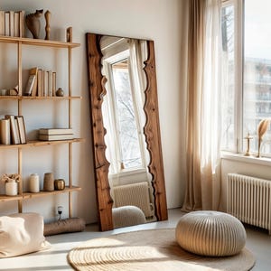Olive Wood Full Length Natural Wood Mirror, Live Edge Full Body Floor Mirror, Asymmetrical Wooden Frame Mirror for Living Room & Bedroom