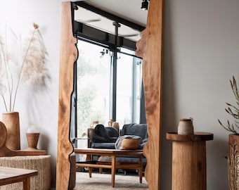 Espejo grande de madera con diseño natural, espejo de madera con borde natural, espejo asimétrico de madera de olivo, espejo de pared rústico, espejo rectangular de madera.