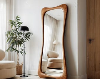 Asymmetrical Walnut Tall Mirror, Wooden Arch Full Body Mirror, Irregular Wooden Frame Full Length Mirror - Decorative Mid Century Mirror
