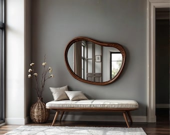 Asymmetrical Walnut Wood Mirror: Mid Century Modern Wall Decor
