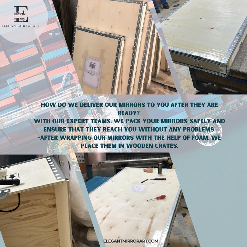 Puede incluir: Cajas de madera con refuerzos de esquina met&aacute;licos, utilizadas para el env&iacute;o de espejos. La imagen muestra varias cajas, algunas abiertas y otras cerradas, con texto que describe el proceso de embalaje. El logotipo "ELEGANTMIRRORART" es visible.